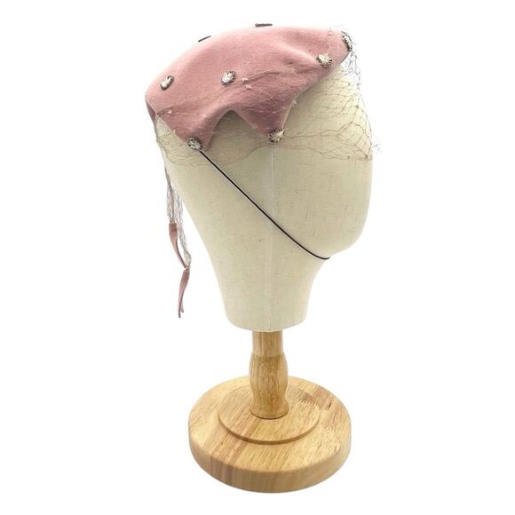 Vintage 1950s Sequin Bead Studded Pink Velour Mesh Veiled Juliet Cap Hat Beret - Picture 11 of 15